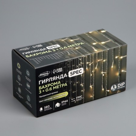 Garland "fringe" 3 × 0.6 m, IP44, UMS, transparent thread, 160 LED, glow warm white, 220 V-6
