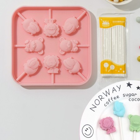 Form for the candy "Zoo", silicone, 14.5 × 14.5 × 1.5 cm, 8 cells (3 × 2.5 cm), with sticks, mixing color