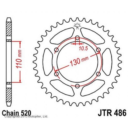 The rear star (driven) JTR486 for a steel motorcycle, chain 520, 42 teeth