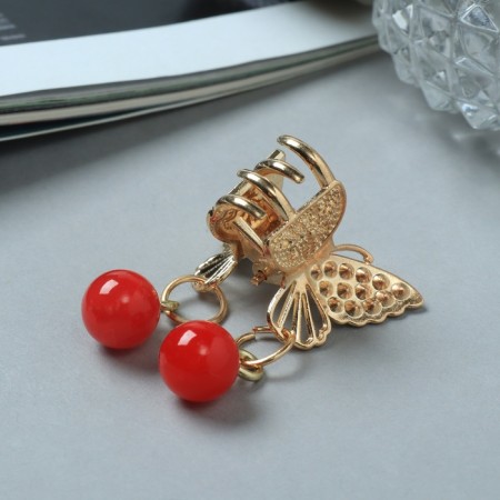 Hair crab "Milada" red beads, 2.5 cm, gold-1