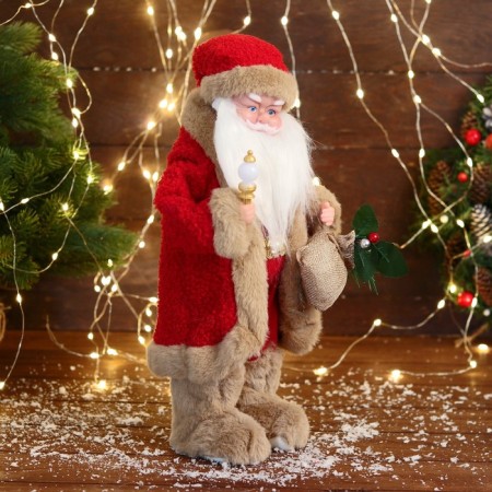 Santa Claus "In a suit with brown fur" moves, with a backlight, 40 cm, red-1