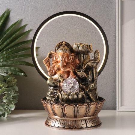 Table Polystone Fountain from the Network, Ganesha's backlight with a lotus at the waterfall 25x20x34 cm-1