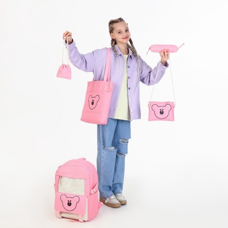 School set. A backpack with a zipper, a core, a bag, a pencil case, a bag for coins, the color is pink-2