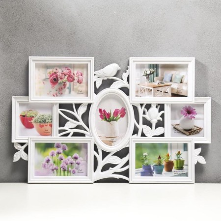 Photo frame plastic in 7 photos 10x10, 10x15 cm "Bird and rosehip" White 33.5x52 cm