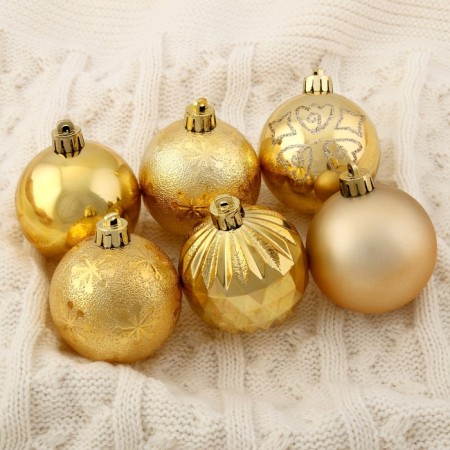 Set of balls plastic D -6 cm, 6 pcs "Festive lights - snowflakes" gold