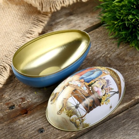 Casket Metal Egg "Hare with a basket of painted eggs" 11x6.5x7 cm-2