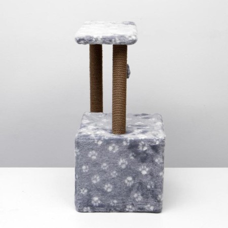 House for cats with a claw, two -story, with windows, 50 x 36 x 75 cm, gray with paws-1
