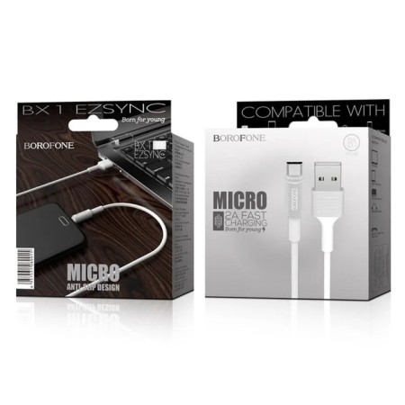 Cable Borofone bx1, microUSB - USB, 2.4 A, 1 m, PVC braid, white-2