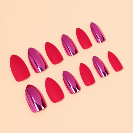 Patch nails, 12 pcs, with adhesive plates, almond shape, matte/chrome, red, pink-1