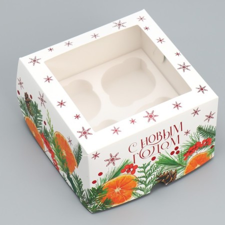 Folding box for 4 cupcakes with the window "Happy New Year", 16 x 16 x 10 cm, New Year-2