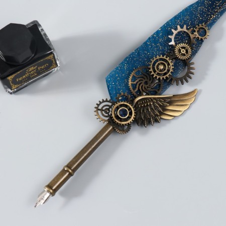 Feature handle set with interchangeable feathers+stand+ink "mechanisms" 26x12x4 cm-4