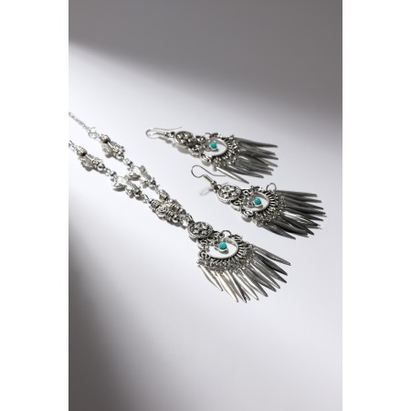 Set 2 items: earrings, necklace "India" Flora and fauna, blue color in black silver, 32 cm-3