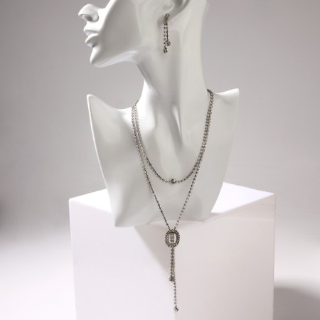 Set 2 objects: earrings, pendant "jacqueline" duet, oval, white color in silver, 45 cm-1