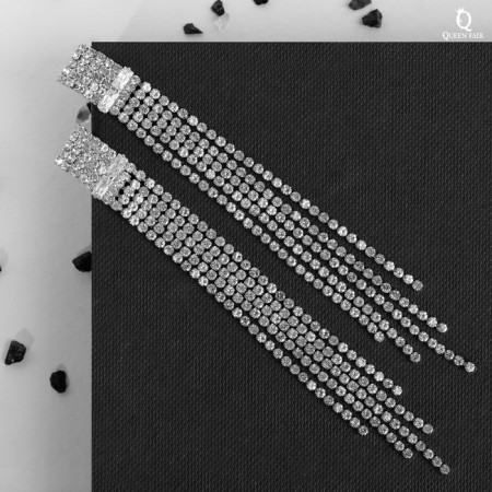 Hanging earrings with Hollywood rhinestones different levels, white color in silver, 11 cm-1