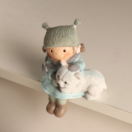 Polystone souvenir "Baby strokes the white teddy bear" Blue 9x7x13 cm-1