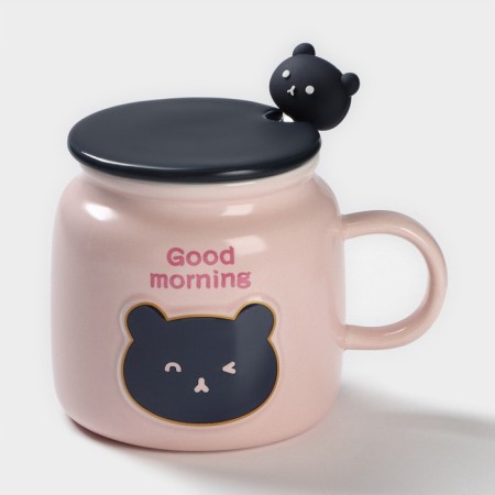 Ceramic mug with a spoon "Good morning", 450 ml, pink color
