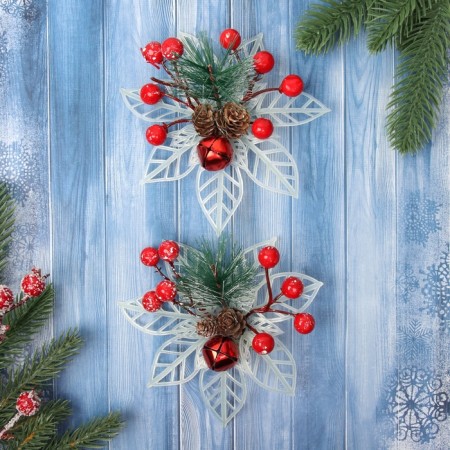 Christmas tree decoration "Festive flowers" (set 2 pcs) berries, 13 cm, white