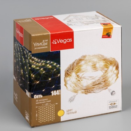 Garland "Network" 1.2 × 1.5 m, IP44, UMS, transparent thread, 36 LED, glow warm white, white flicker 24 V-6