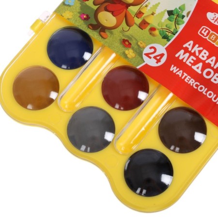 Watercolor honey 24 colors, ZHK "Flower", without a brush, yellow plastic case with a loop, 27421678-4