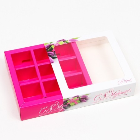 Box for 9 sweets with a shell "since March 8!", Tulips, 13.7 x 13.7 x 3.5-2