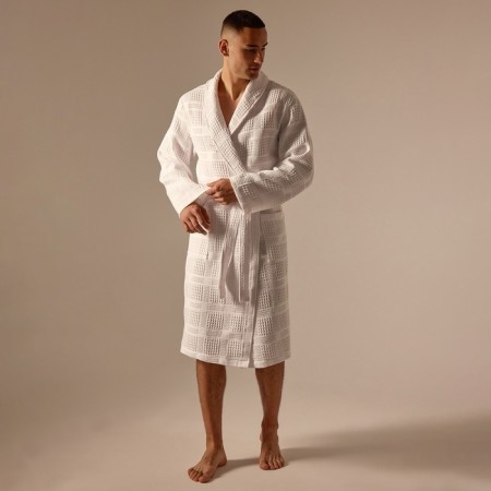 Wafel dressing gown men SL Home: Chess "Blanc de Blanc", size M, 100% cotton, 340 g/m2