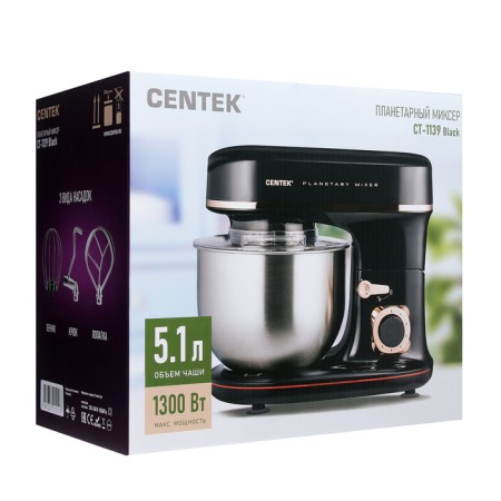 Mixer Centec CT-1139, Planetarny, 1300 W, 5.1 L, 6 speeds, 3 nozzles, black-1
