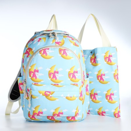 Set of a youth backpack from textiles, a shoper bag, blue color