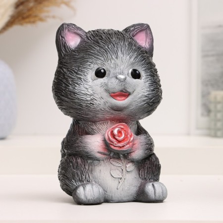Piggy bank "Cat with flower" black, 18 cm