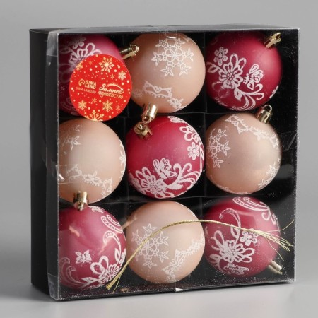 Set of balls plastic D-5.5 cm, 9 pcs "openwork" red white-1