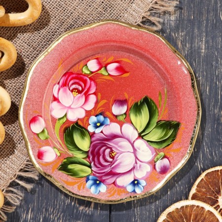 Zhostovsky tray "peonies", pink, with copyright painting, d = 17 cm