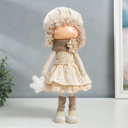 Interior doll "Baby in beret, in a beige outfit, with a flower" 36.5x13x17 cm