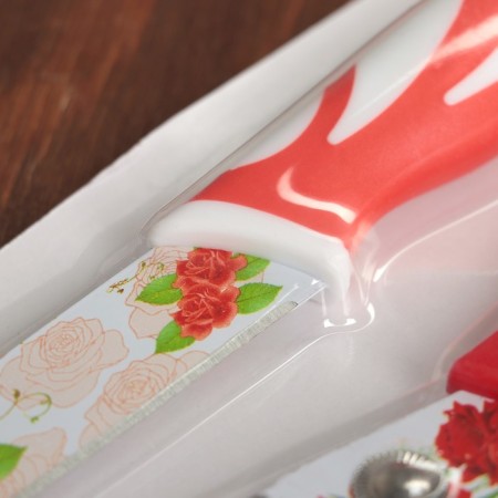 A set of kitchen supplies "Flowering", 3 objects: a knife 12.5 cm, scissors, vegetable vegetables, red color red-2