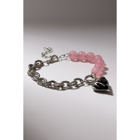 Bracelet "Heart" chain, black-pink color in silver, l = 16 cm-2