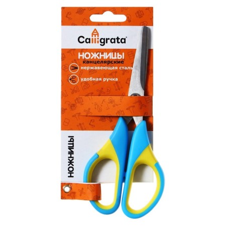 Office scissors 14 cm, plastic handles with rubber inserts, the ends are sharp, mix-4