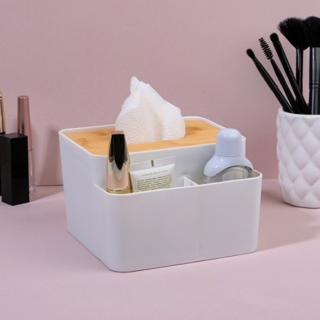 Organizer for storage "Bamboo", with a lid, 3 sections, 16 × 15 × 10 cm, white/brown color-1
