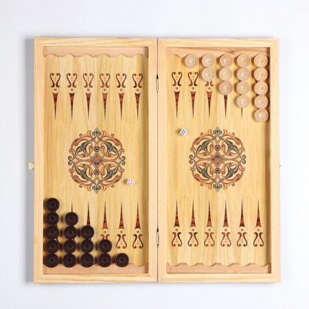 Wooden backgammon are large, with checkers "Hunters on a halt", a board game, 50 x 50 cm-3