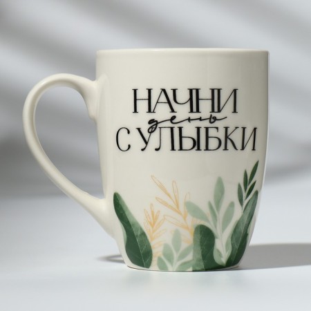 Ceramic mug with a spoon "Start the day with a smile", 310 ml, white color-2
