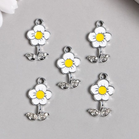 Decor for creativity metal, enamel, rhinestones "White flower" silver 1.3x2.2 cm-1