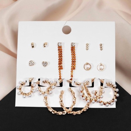 Earrings set 8 pairs "Pearl paradise", white color in gold