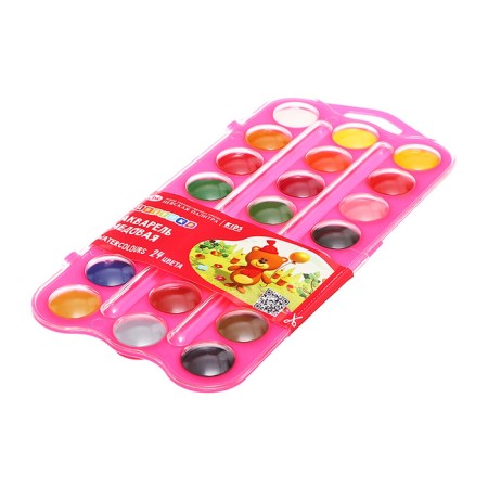 Watercolor honey 24 colors, ZHK "Flower", without brush, pink plastic case, 27421676-1