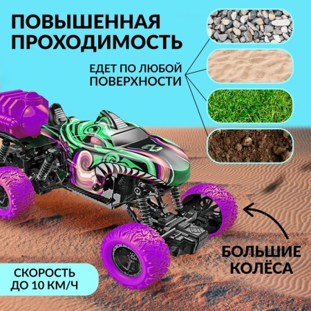 Radio -controlled jeep Monster, 1:16, smoke effect, light effects, works on the battery, green color-1