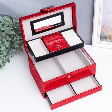 Casket to the leatherette to decorations a chest with a bow "Small squares. Red" 13.5x16.5x23 cm-2