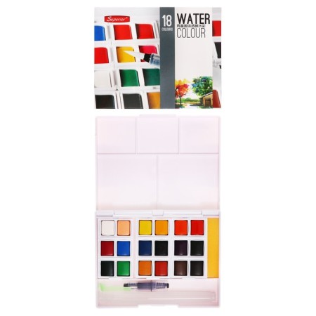 Watercolor paints, + 1 brush, in a plastic box, 18 colors