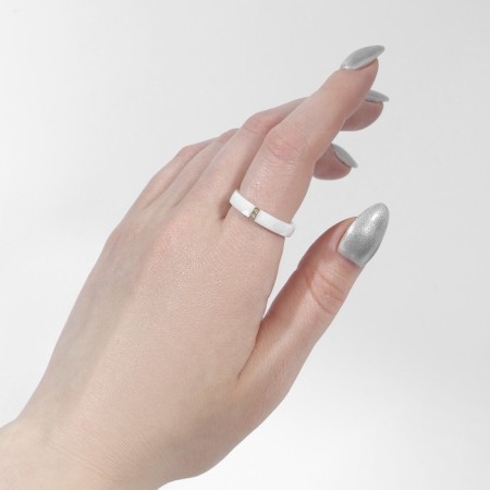Ring Ceramics "Duo" with glass, cutting rhombus, white color in gold, 18 size-1