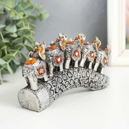 Polystone souvenir "Five elephants on a tusk with flowers" silver 17x4x8 cm-2