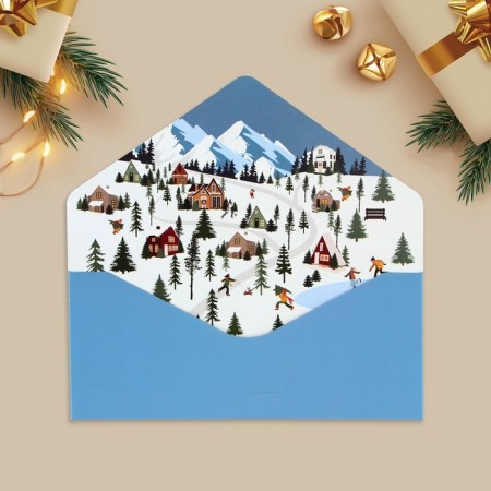 Gift envelope "Snow New Year", village, software touch, embossing, 19 x 9.2 cm, New Year-4