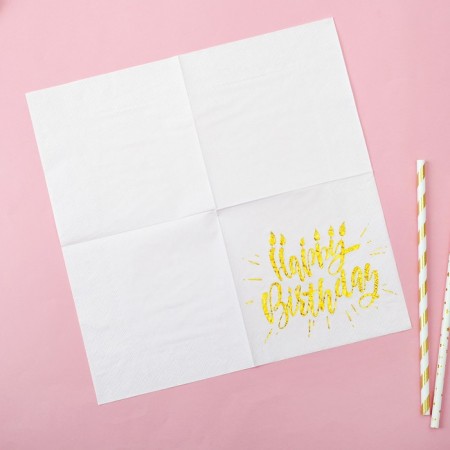 Paper Napkins Happy Birthday, 25x25 cm, 20 pcs., Sticking gold, on a white background-5