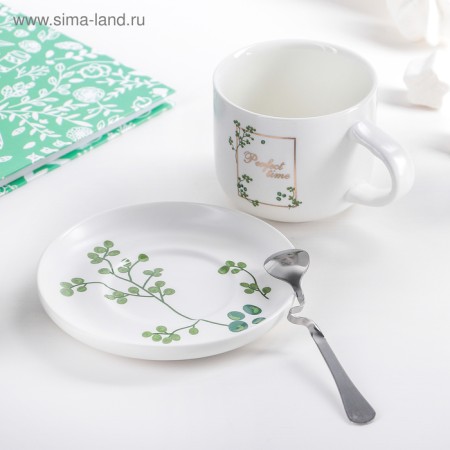 Ceramic tea set with a spoon "Botany", 2 items: a cup 200 ml, saucer, color mix-9