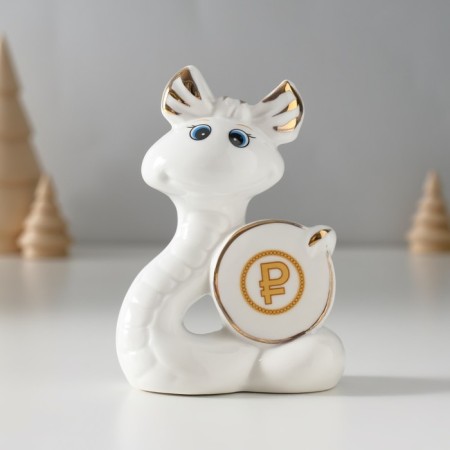 Souvenir ceramics "White snake with a bow, with a $ coin" with gold 3x7.5x9.3 cm