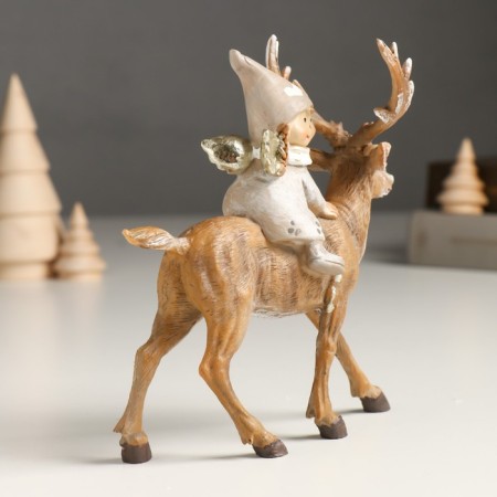 Souvenir Polystone "Baby-Angel in a gray outfit, riding on a deer" 5.5x14x14.5 cm-1